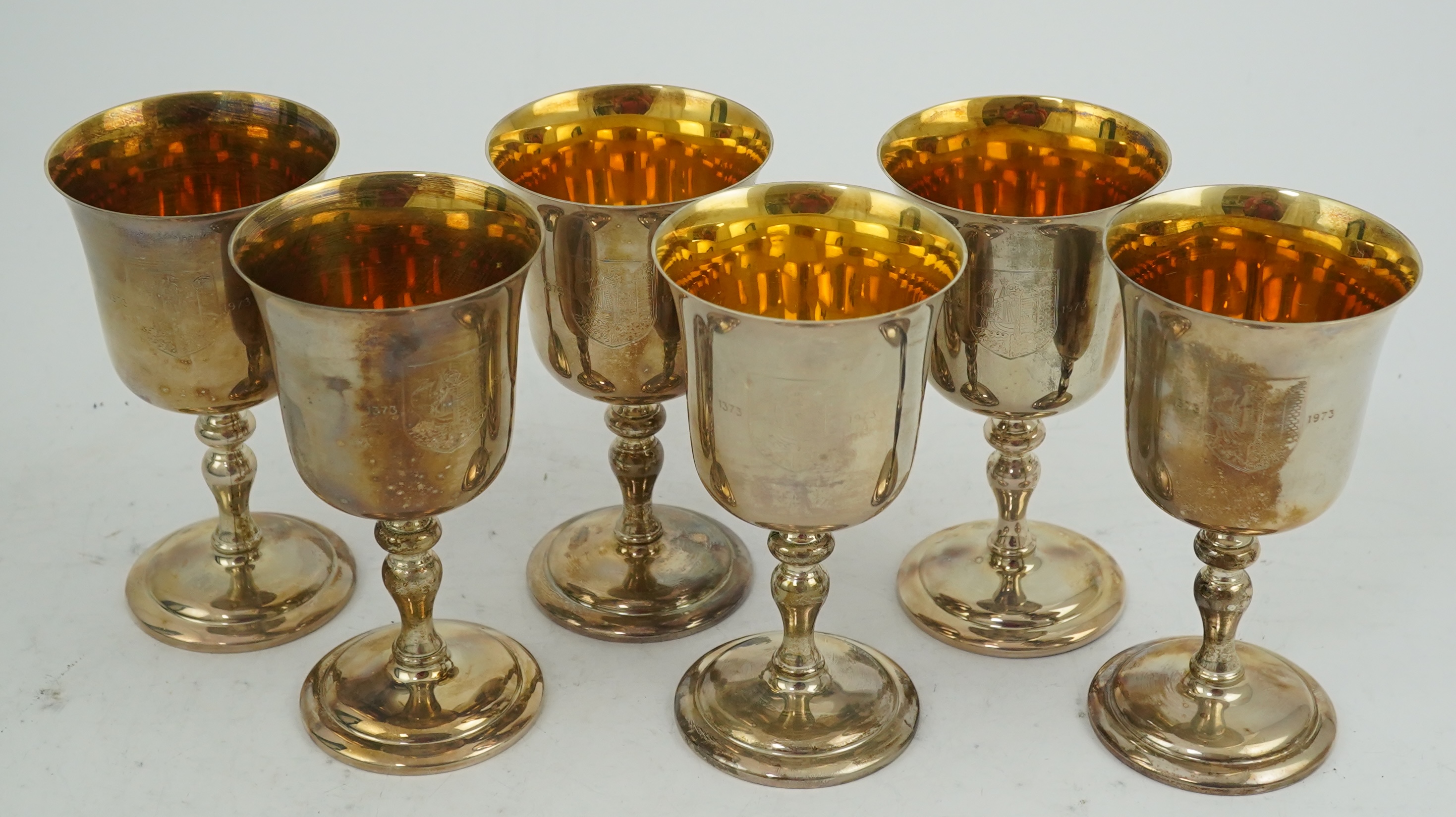 A cased set of six limited edition Elizabeth II silver Bristol Charter 600th Anniversary commemorative goblets by Barker Ellis Silver Co